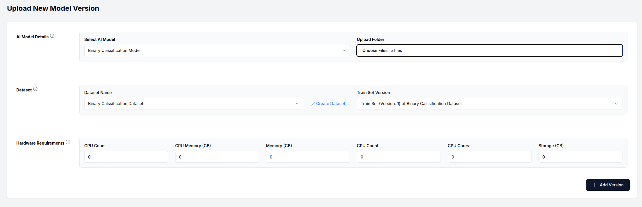 AI Model Version Create Page