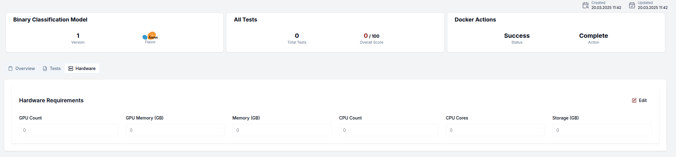 AI Model Version Detail Hardware Page