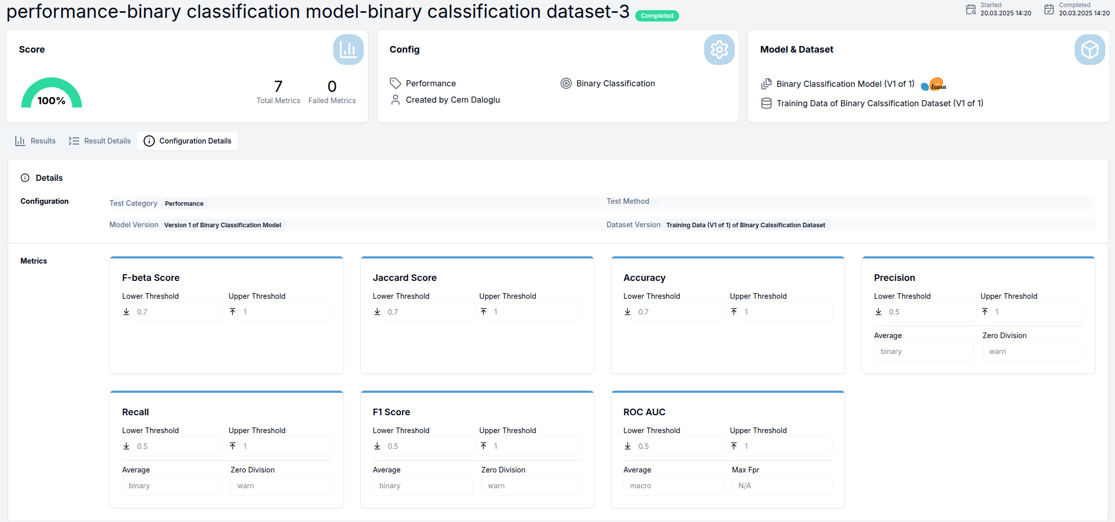 Classical Test Config Details