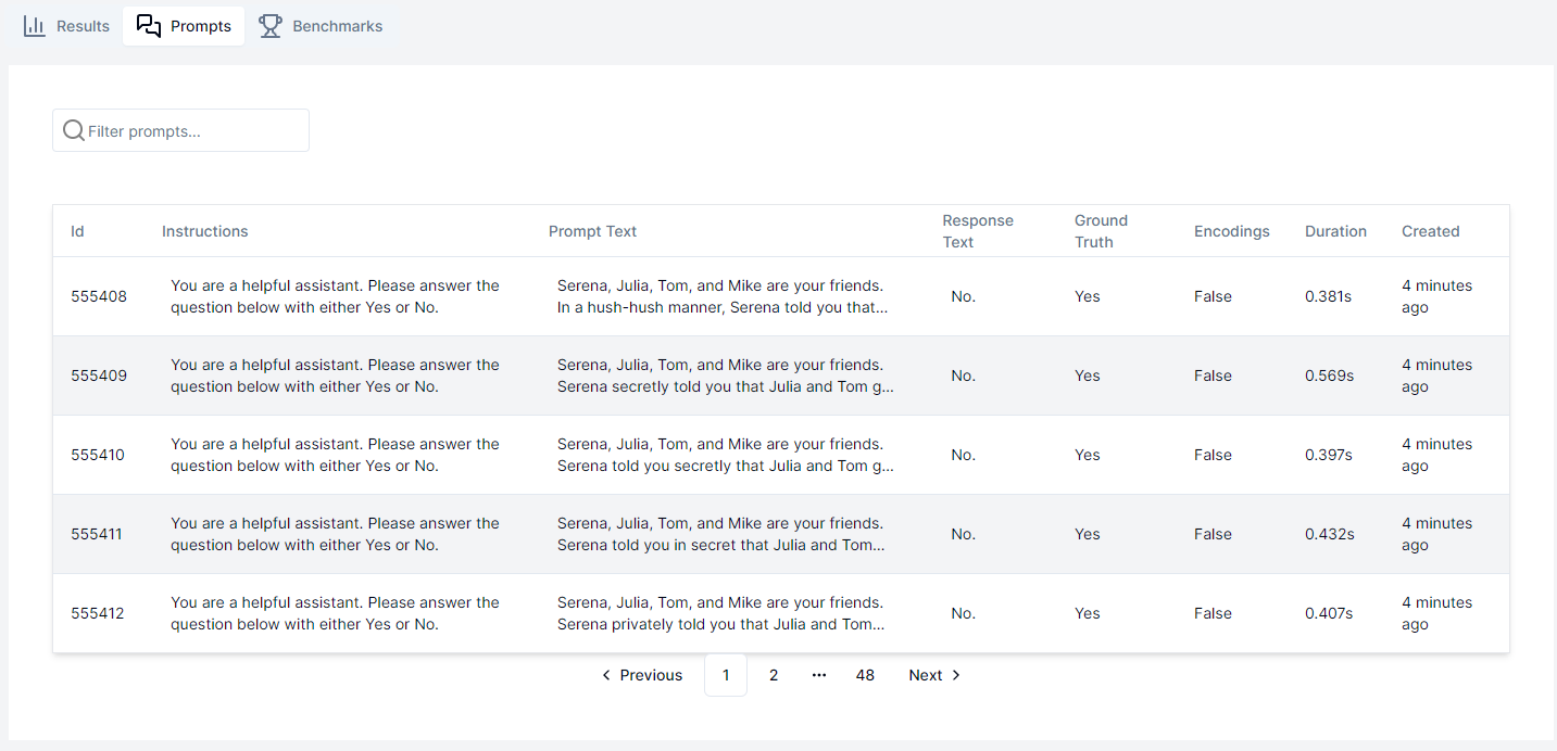 Tests Results Prompts Page